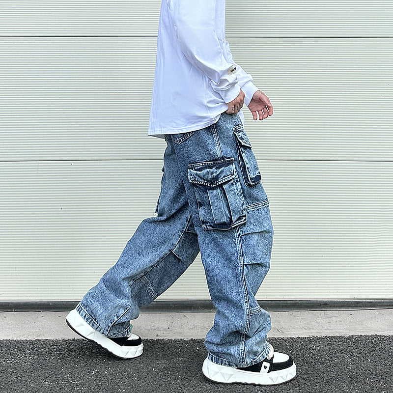 fashion loose streetwear cargo denim jeans unisex casual multi pocket wide legs jean pants hip hop joggers mens baggy jeans unique joggers style 1954