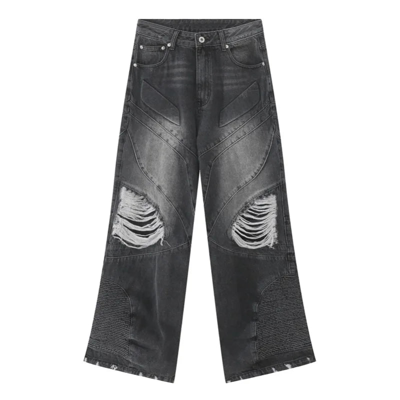 fashion loose streetwear denim jeans new casual wide legs straight jean pants hip hop ripped joggers baggy jeans men clothing unique joggers style 3374