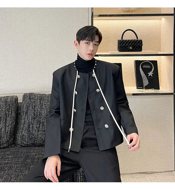 men double breasted drawstring collar loose casual fashion short jacket male korean streetwear vintage coat man unique shorts style 374