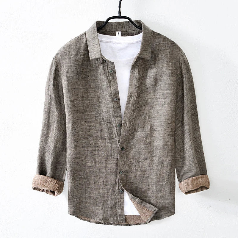 Vintage Linen Shirt Men Spring Autumn New Khaki Lapel Loose Long Sleeve Shirt Retro Casual Solid Breathable Cardigan Top Tees Street King Limited