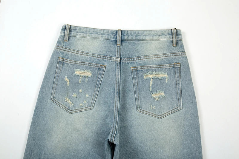 washed blue oversized torn jeans for men streetwear hip hop large destroyed wide leg jeans baggy straight ripped denim pants unique jeans style 4430