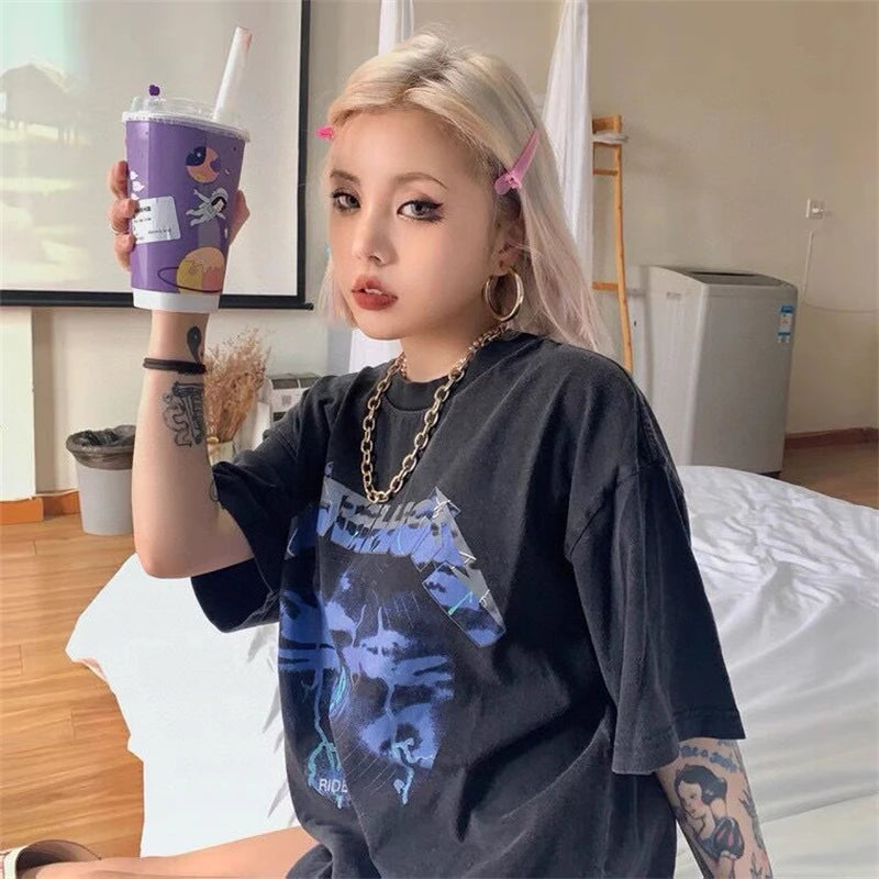 Summer Vintage High Street Wash Lightning Print T-shirt Vintage Heavy Metal Rock Band Short Sleeve Japanese Street Pure Cotton Street King Limited