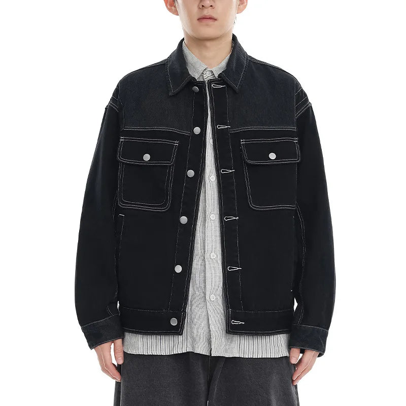 black denim splice coat mens streetwear fashion vintage loose casua plus size denim jacket man spring autumn coat outerwear unique jeans style 893