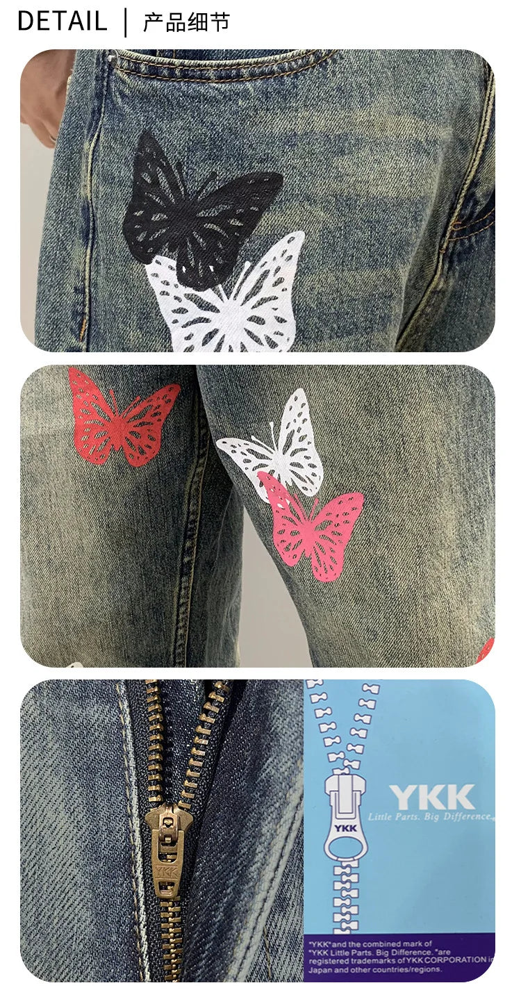 butterfly print jeans men streetwear fashion vibe loose casual hiphop straight washed denim pant jeans cityboy teen trousers unique jeans style 2558