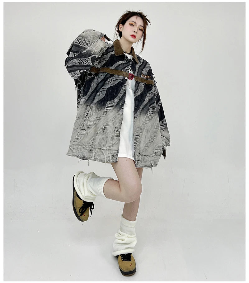 zebra printed harajuku denim jacket and coat mens hip hop patchwork ripped holes jeans outerwear casual streetwear jeans jackets unique jeans style 4698