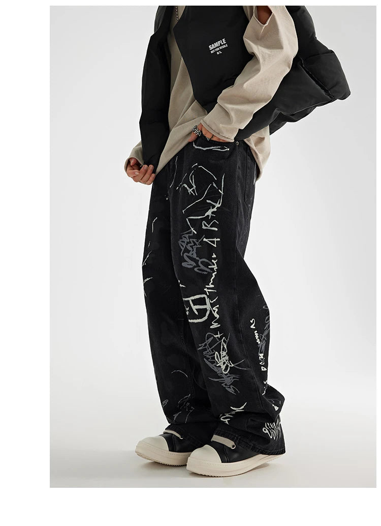 fashion graffiti printed denim jeans men unisex casual zipper wide legs straight jeans streetwear hip hop baggy pants joggers unique joggers style 4075