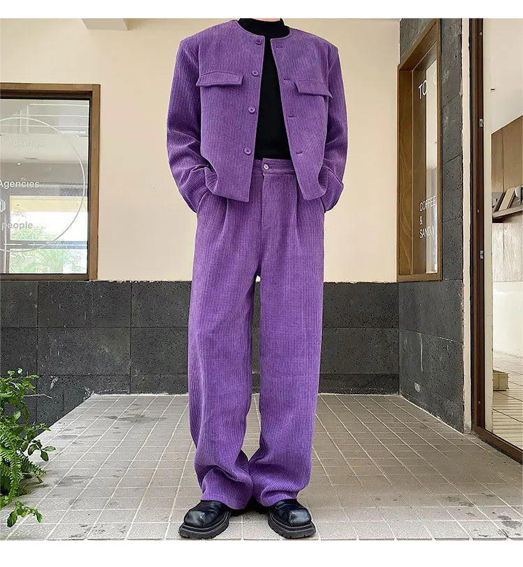 men 2 pieces sets corduroy short jacket wide leg pant suits korean streetwear fashion loose casual retro coat baggy trousers unique shorts style 2692