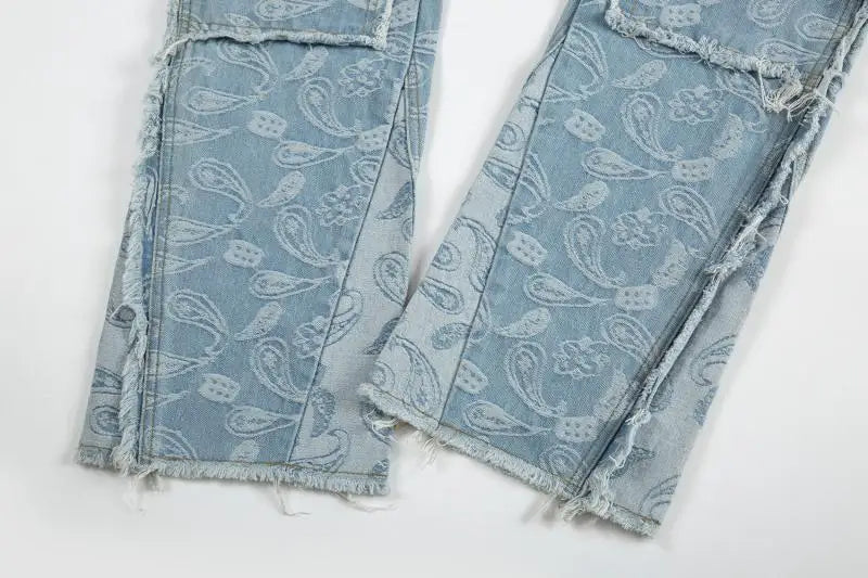 vintage high street washed light blue flared jeans cashew flower jacquard pattern rough edge jeans pants for men and women unique jeans style 936
