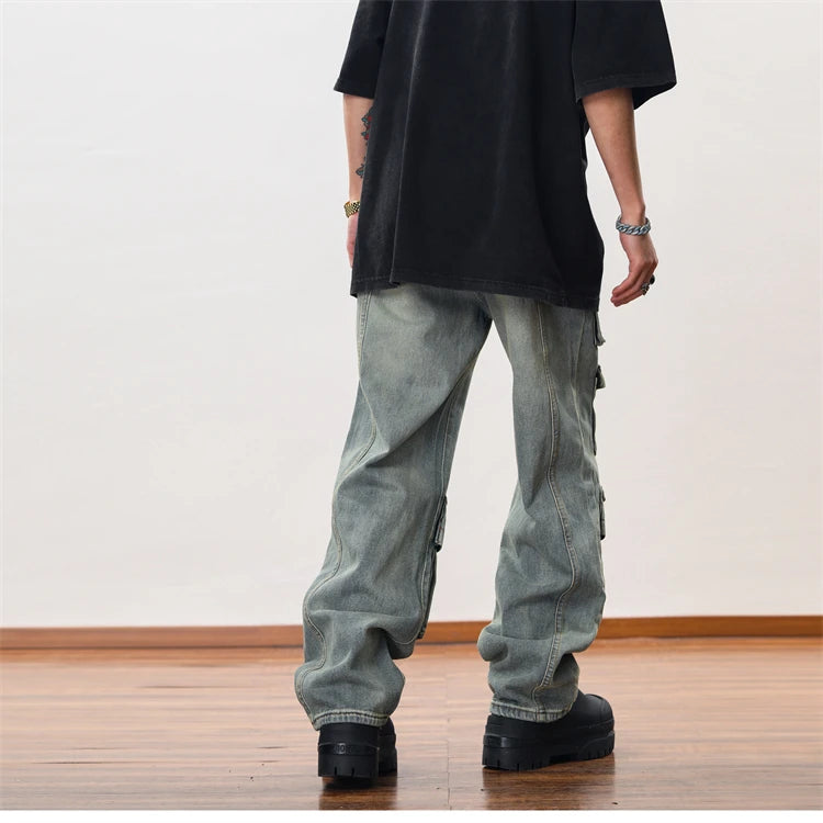 hip hop cargo denim pants streetwear plain denim pants mens harajuku cotton casual joggers jeans loose straight pants trousers unique joggers style 2849