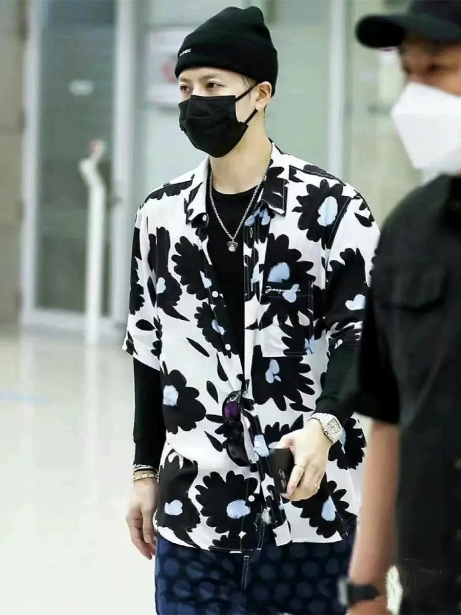 Summer 24SS Vintage Retro Black Flower Direct Print High-Street Casual Beach Style Quality Cold Short Sleeve Shirt Street King Limited