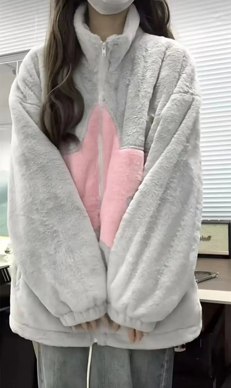 High Quality Plush Coat Pink Stars Zip Sweater Autumn Winter Jacket Women Warm Casual Slouchy Style Y2k Top Korean Fashion Coats Street King Limited