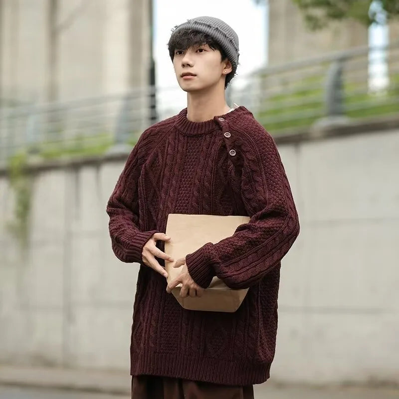 Thicken Japanese Retro Sweater Mens 2024 New College Couples Casual Warm Round Neck Pullover Red Simplicity Knitted Jacket Street King Limited