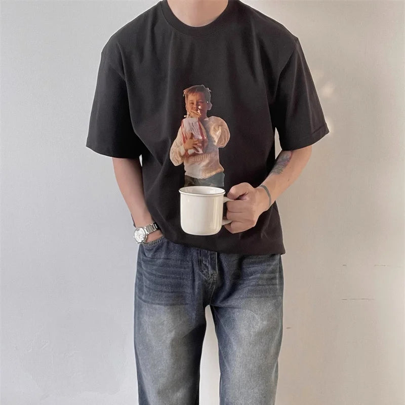 Summer Korean fun pattern printed short-sleeved T shirt American trend y2k personalized street round neck half sleeved T shirt Street King Limited