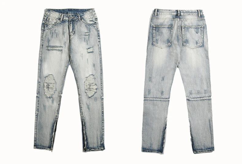 bottom zipper destroyed washed jeans skinny jeans ripped holes trousers men biker jeans fashion streetwear hip hop pants joggers unique joggers style 2013