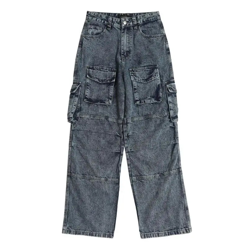 fashion loose streetwear cargo denim jeans unisex casual multi pocket wide legs jean pants hip hop joggers mens baggy jeans unique joggers style 1962