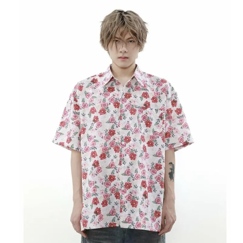 summer harajuku set mens flower print casual short sleeved top gradient straight leg jeans 2 pcs set high street trendy suit unique jeans style 4235