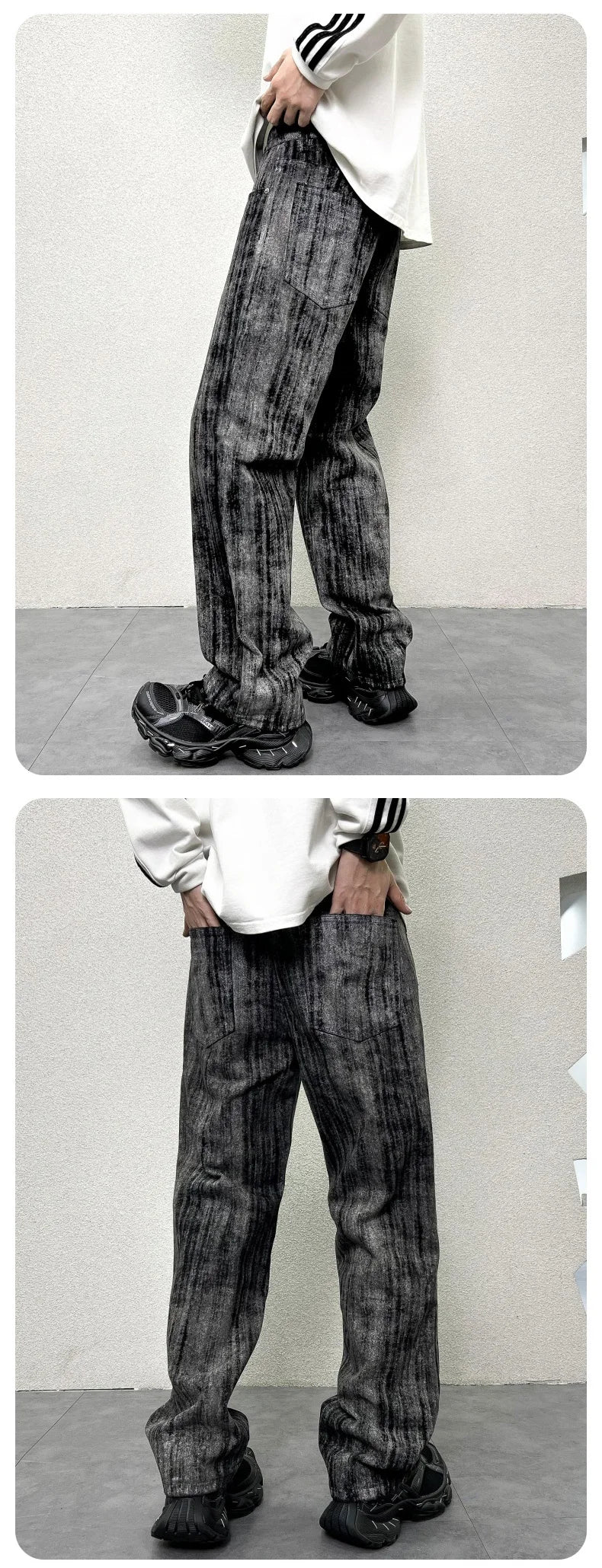 mens streetwear fashion hip hop vibe casual retro tie dyed denim pant jeans cityboy black gray straight jeans trousers unique jeans style 2960
