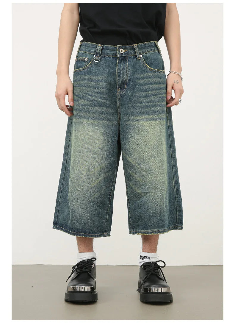 men summer streetwear fashion loose casual wide leg denim calf length jeans pants male vintage jeans baggy hosen pants unique jeans style 1478