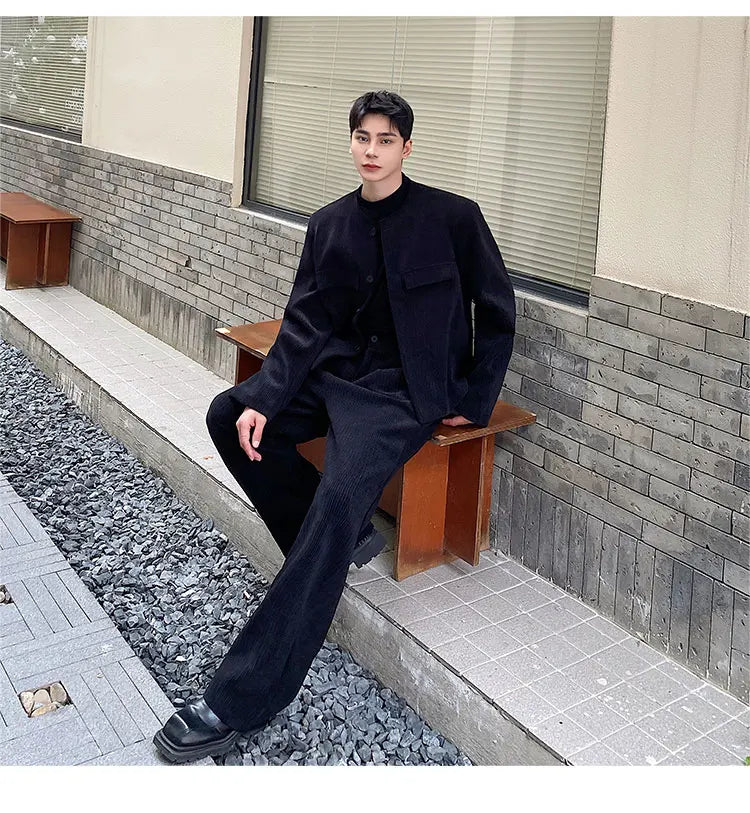 men 2 pieces sets corduroy short jacket wide leg pant suits korean streetwear fashion loose casual retro coat baggy trousers unique shorts style 2700