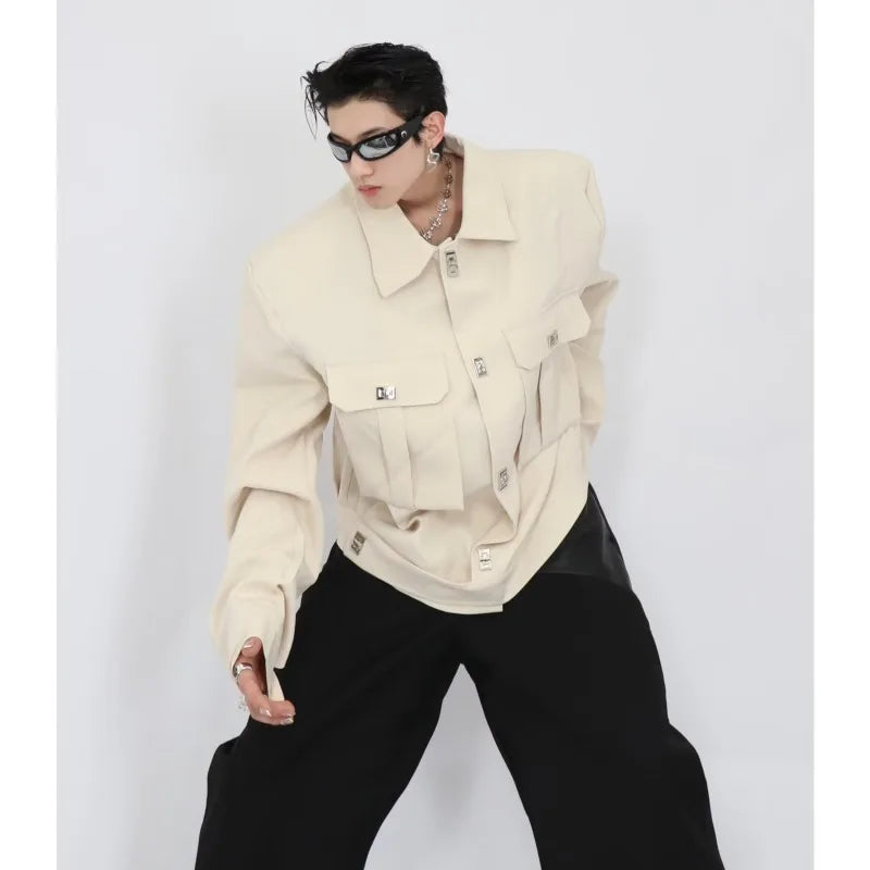 trendy high street jacket mens unisex metal button shoulder pad short coats multi pocket punk hip hop loose outwear oversized summer street shorts