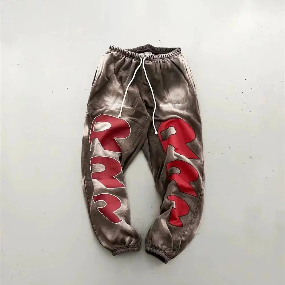 RRR123 24FW Sunshine Wash Brown Flower Grey Loose Drawstring Feet Guard Pants Street King Limited