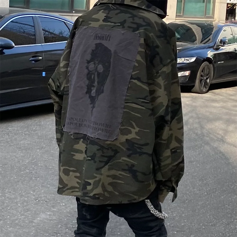 Undermycar High Street Trendy Brand High Quality Extra Large Washed and Worn Dark Checker Patch Camo Shirt Street King Limited