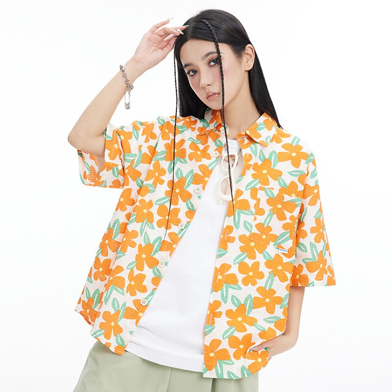 "Orange Floral" Unisex Men Women Graphic Button Shirt Daulet Apparel