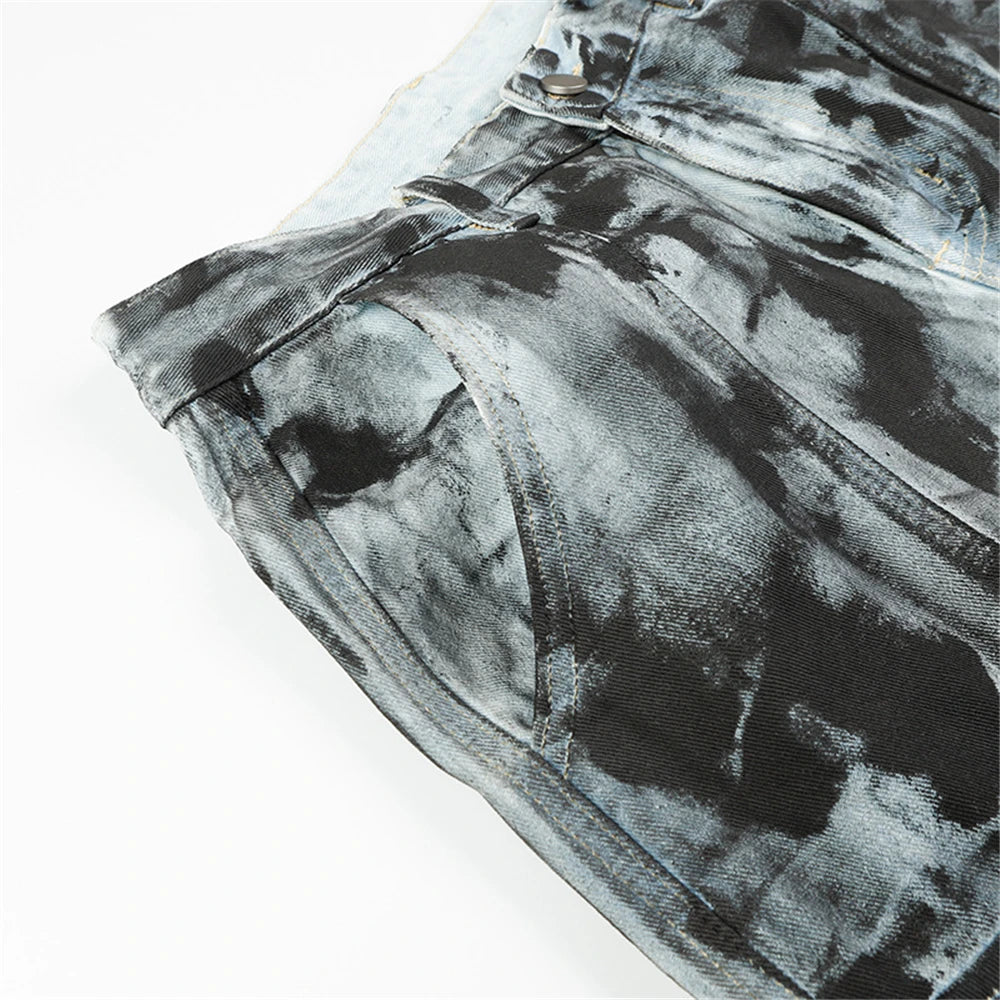 vintage dirty tie dye baggy jeans men multi pocket loose white straight jeans trousers luxury designer oversized denim pant unique jeans style 1932