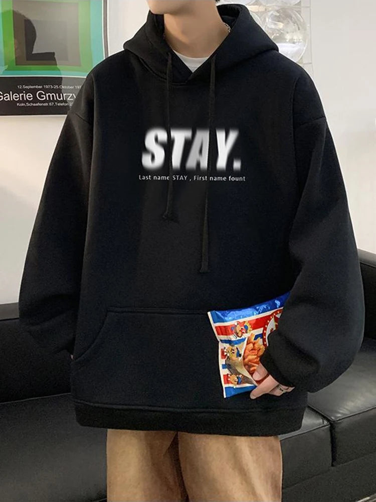 New in Letter STAY Print Sweatshirts Men Casual Vintage Fleece Pullovers Hoodies Autumn Y2K Streetwear Baggy Hoody Clothes Street King Limited