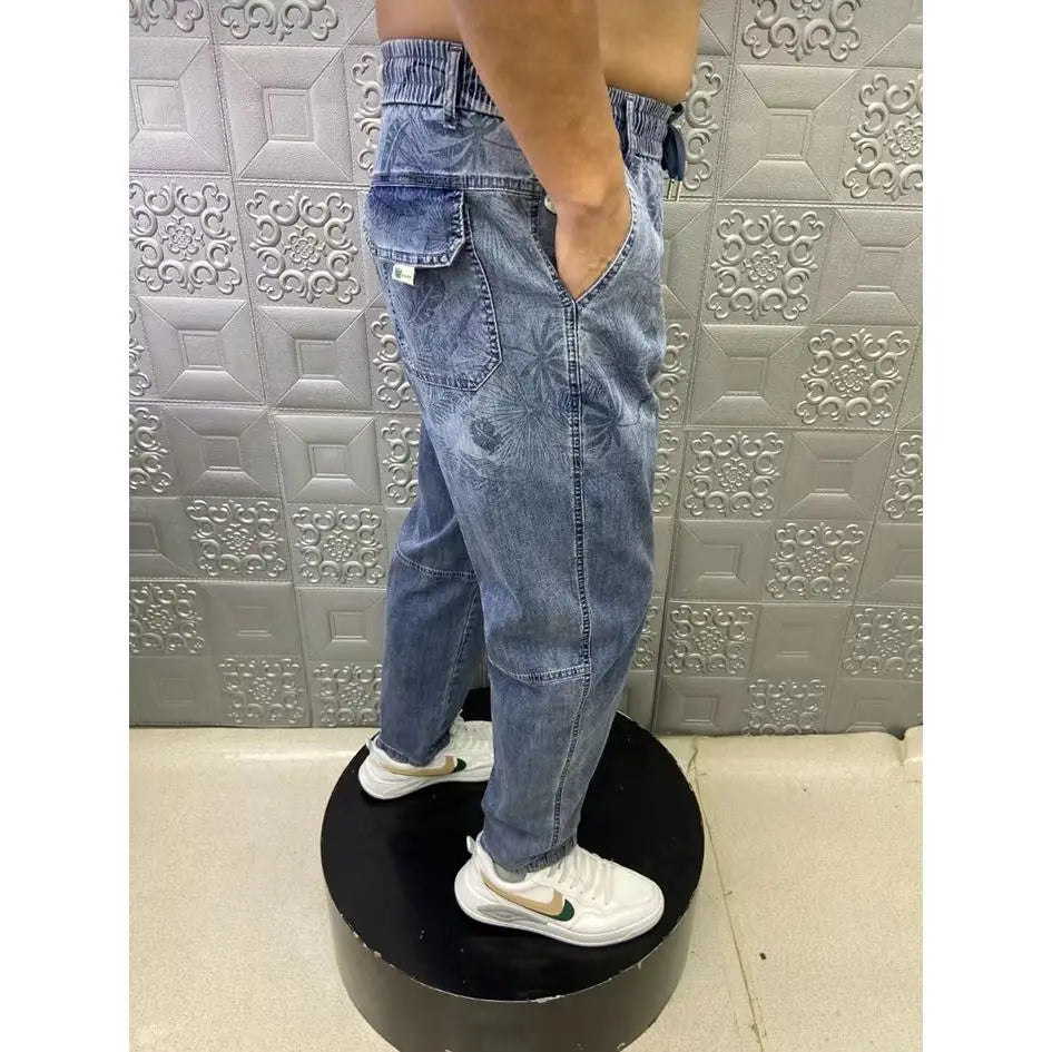 Summer Thin Loose Wide-leg Men Jeans Soft Lyocell Elastic Fashion Casual Straight Drawstring Denim Trousers Black Blue Gray Street King Limited