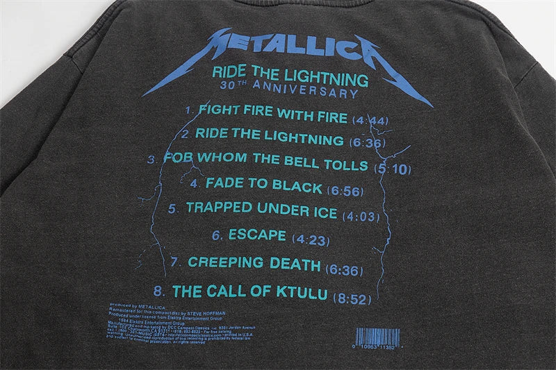 Summer Vintage High Street Wash Lightning Print T-shirt Vintage Heavy Metal Rock Band Short Sleeve Japanese Street Pure Cotton Street King Limited