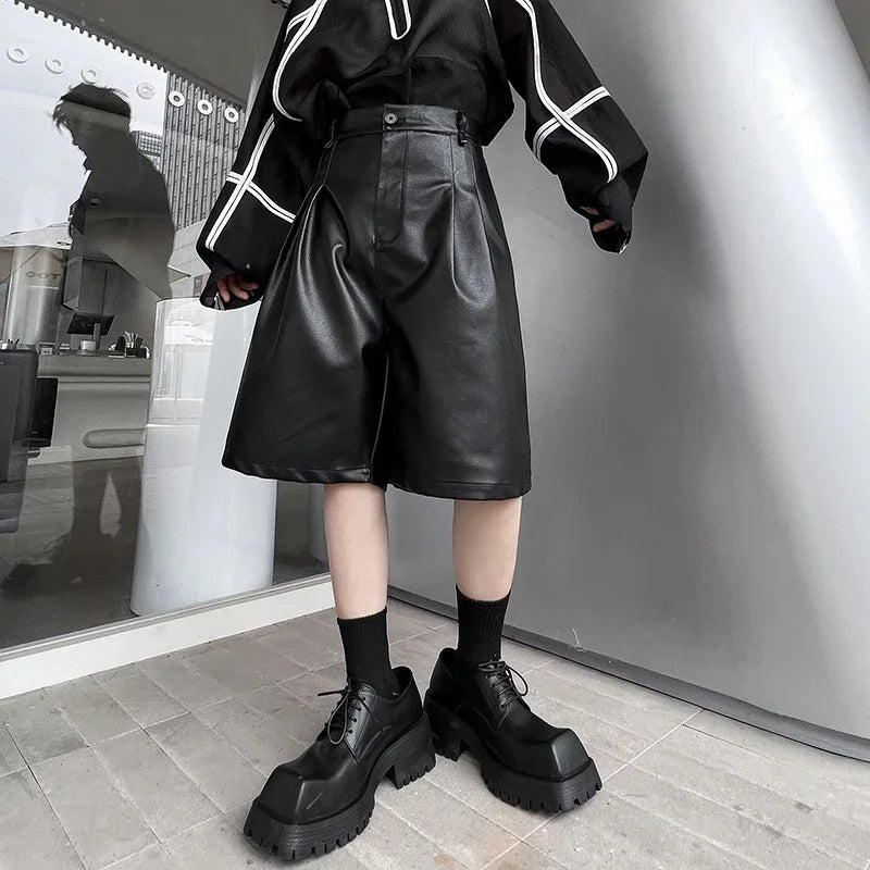men japanses korean streetwear fashion hip hop loose casual dark black wide leg leather shorts male short pant casual urban shorts