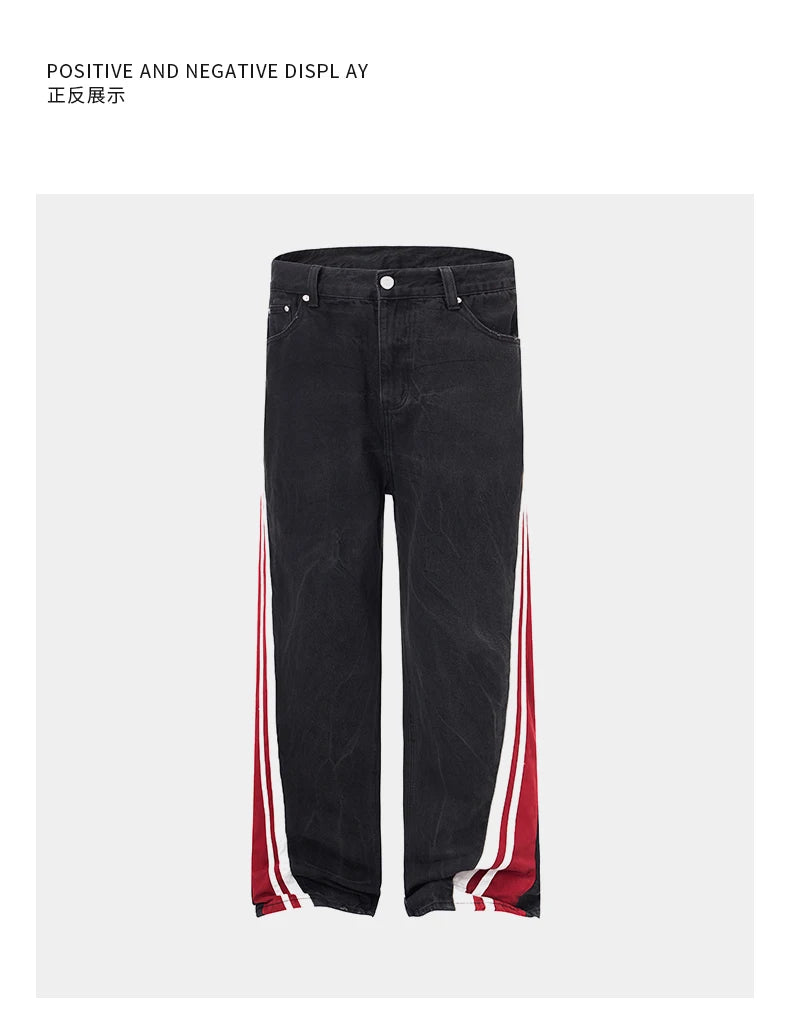 men streetwear fashion side splice hip hop loose casual wide leg straight baggy jeans pant cityboy jeans pants trousers unique jeans style 2482
