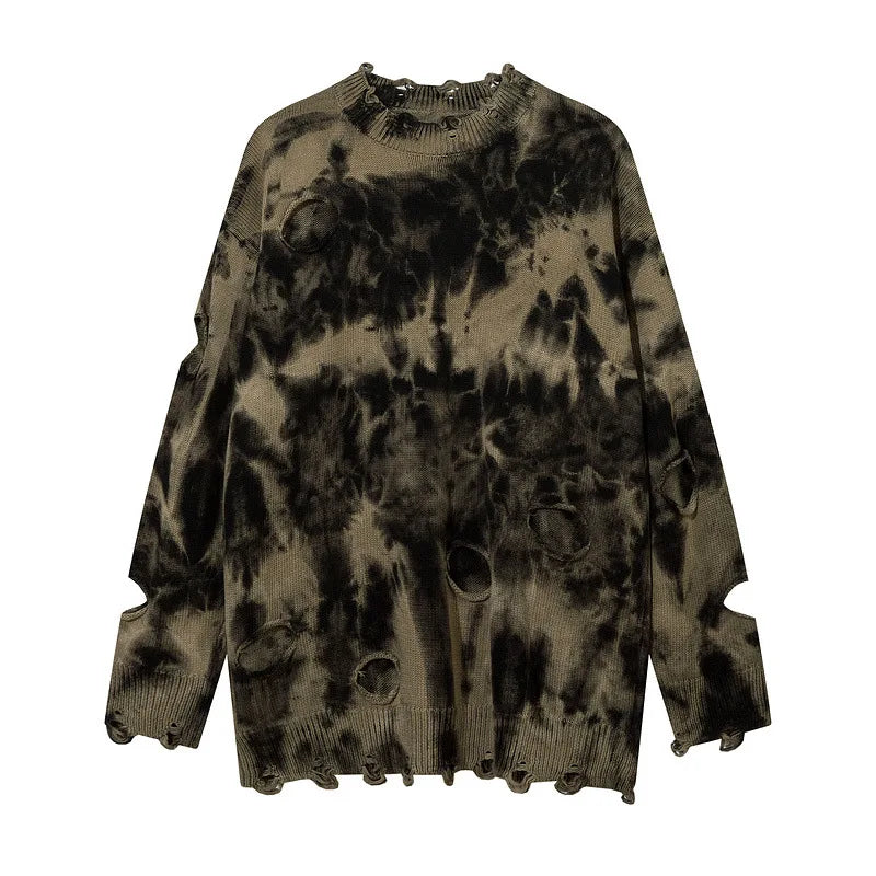 2023 Y2K Hole Knitted Sweater Hip Hop Streetwear Tie Dyed Distressed Ripped Pullover Men Harajuku Casual Knitwear Unisex Street King Limited