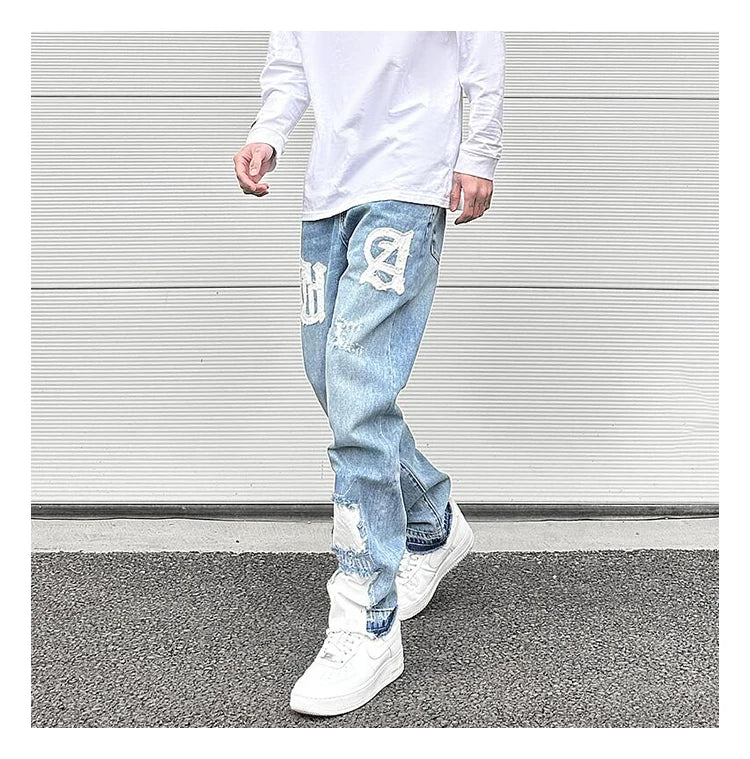 letters patckwork bottom ripped denim jeans men casual straight biker trousers fashion streetwear hip hop jean pants joggers unique joggers style 2724