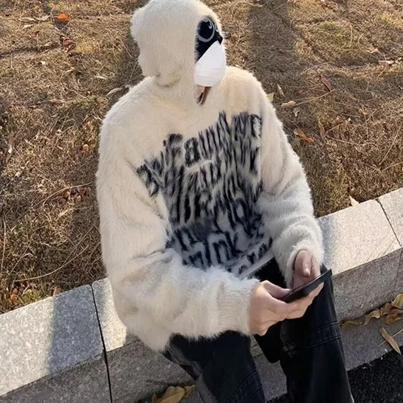 American Goth Fashion Hooded Sweater Mens Hip Hop Letter Jacquard Knit