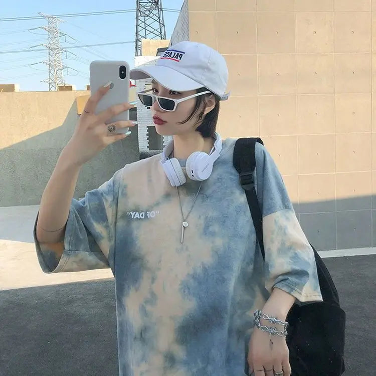 Summer national trend hip-hop tie-dye short-sleevedstyle Korean version ins loose couple's five-point half-sleeved T-shirt top Street King Limited