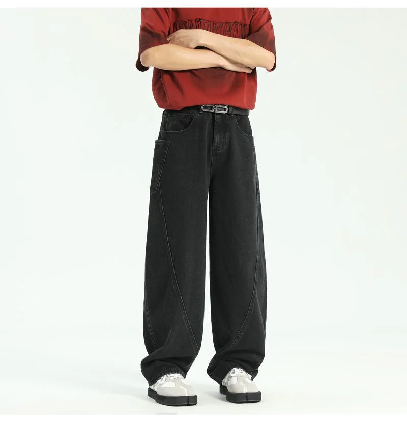 new vintage men s patchwork baggy jeans draped straight leg denim trousers autumn korean fashion high street casual y2k jean unique jeans style 542