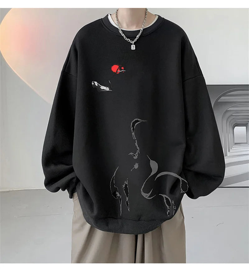 Ink Painting Cartoon Crane Printed Pullover Hoodies For Men 2024 New Hip Hop Fashion Crewneck Hoody Y2K Streetwear Sweatshirts Street King Limited