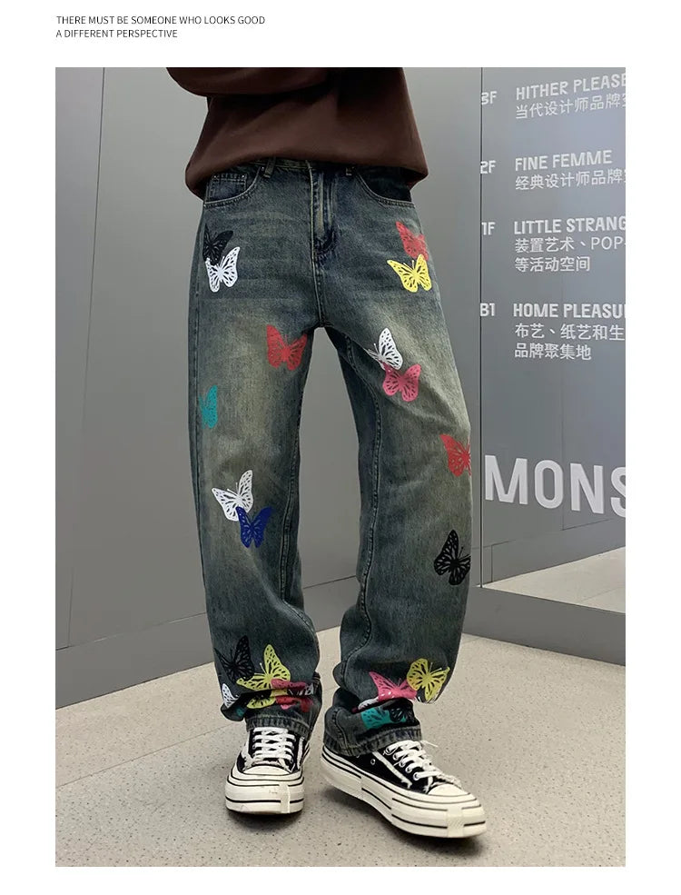 butterfly print jeans men streetwear fashion vibe loose casual hiphop straight washed denim pant jeans cityboy teen trousers unique jeans style 2562