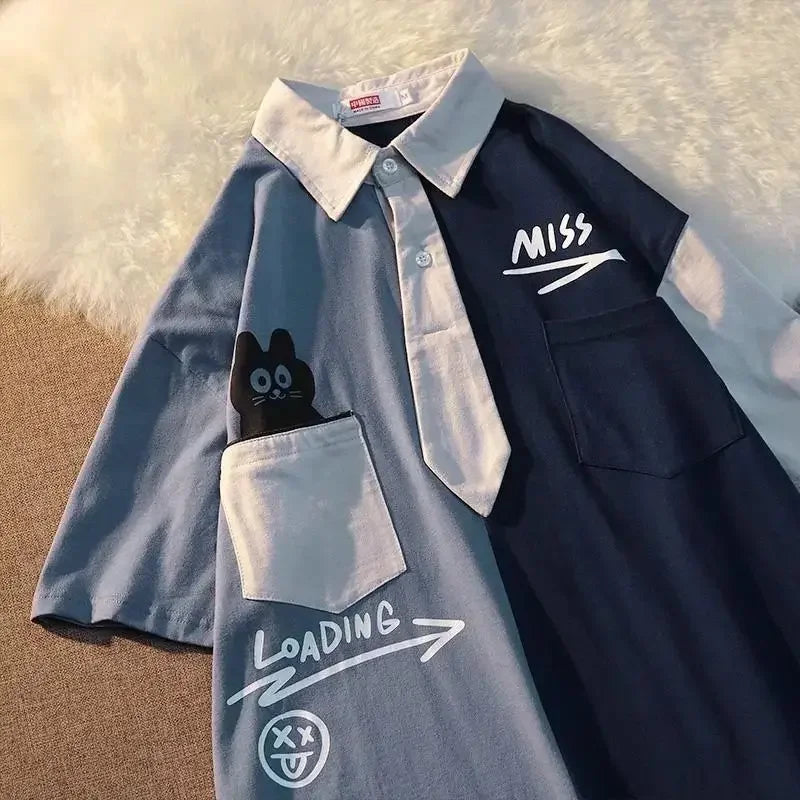 European and American color block polo shirts men short-sleeved T-shirts college style loose Korean style simple couple tops y2k Street King Limited