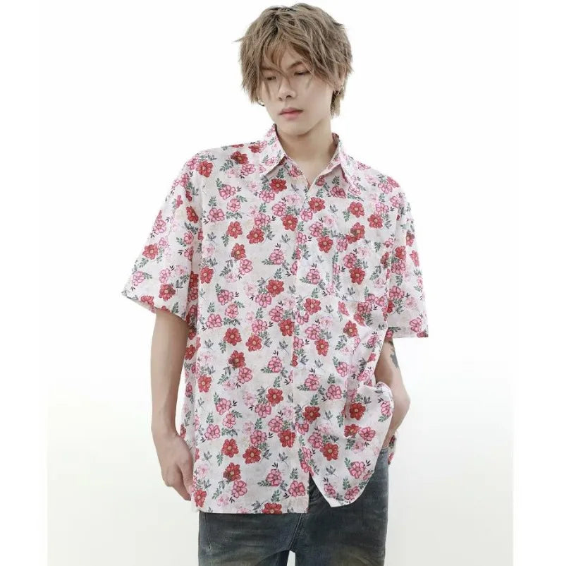 summer harajuku set mens flower print casual short sleeved top gradient straight leg jeans 2 pcs set high street trendy suit unique jeans style 4236