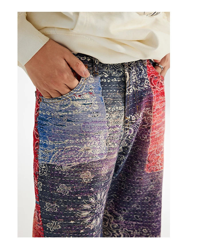 hip hop paisley printed denim jeans mens new casual zipper straight jeans streetwear high street loose pants baggy jeans joggers unique joggers style 1394