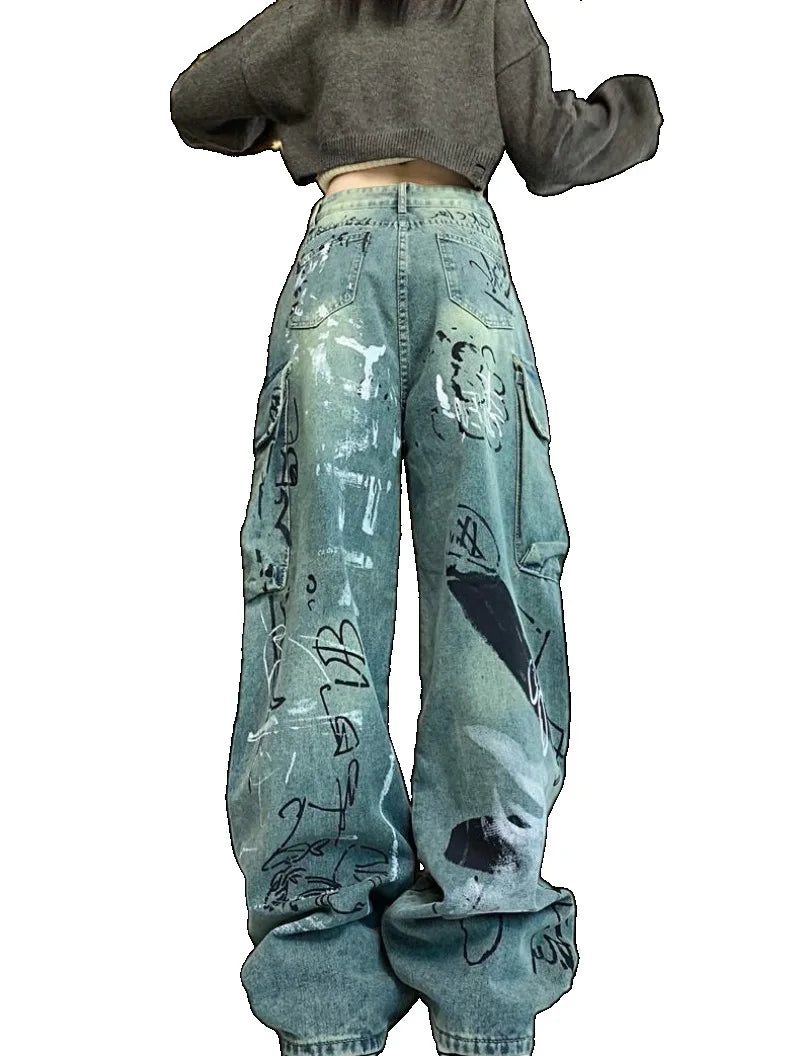 graffiti printed denim jeans unisex side pocket straight cargo jean trousers hip hop streetwear casual loose joggers jeans pants unique joggers style 2689