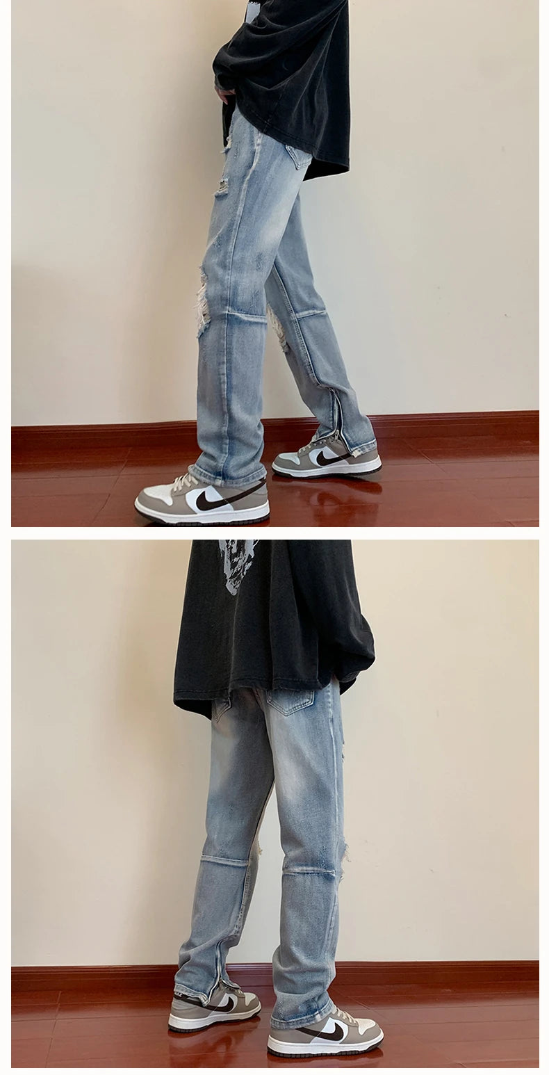 bottom zipper destroyed washed jeans skinny jeans ripped holes trousers men biker jeans fashion streetwear hip hop pants joggers unique joggers style 2011