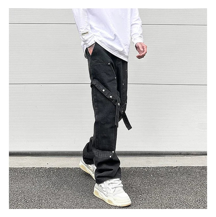 fashion knee adjust belt decoration denim jeans zipper straight jeans hip hop streetwear mens casual loose joggers jeans pants unique joggers style 1543