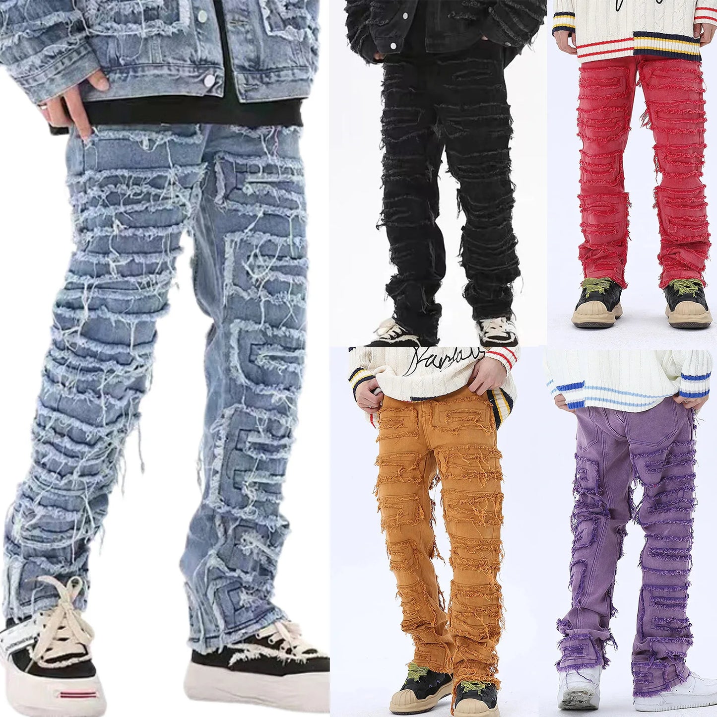 tassel hole spliced european and american straight leg denim pants new popular patch jeans mens wear unique jeans style 300