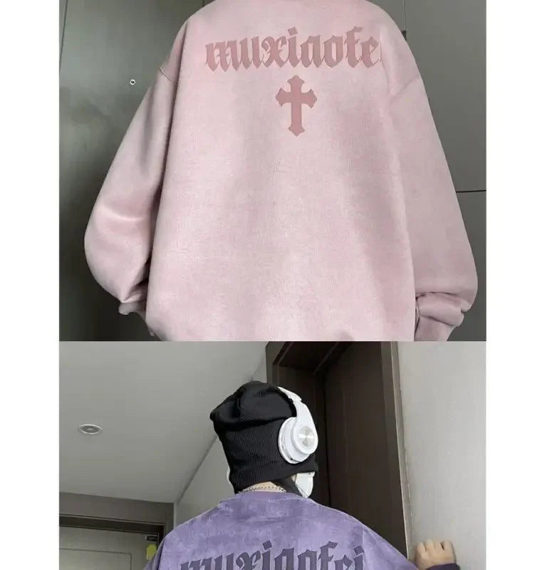 New suede sweatshirt for men in autumn new American high street handsome long sleeved couple tops printed round neck jacket y2k Street King Limited