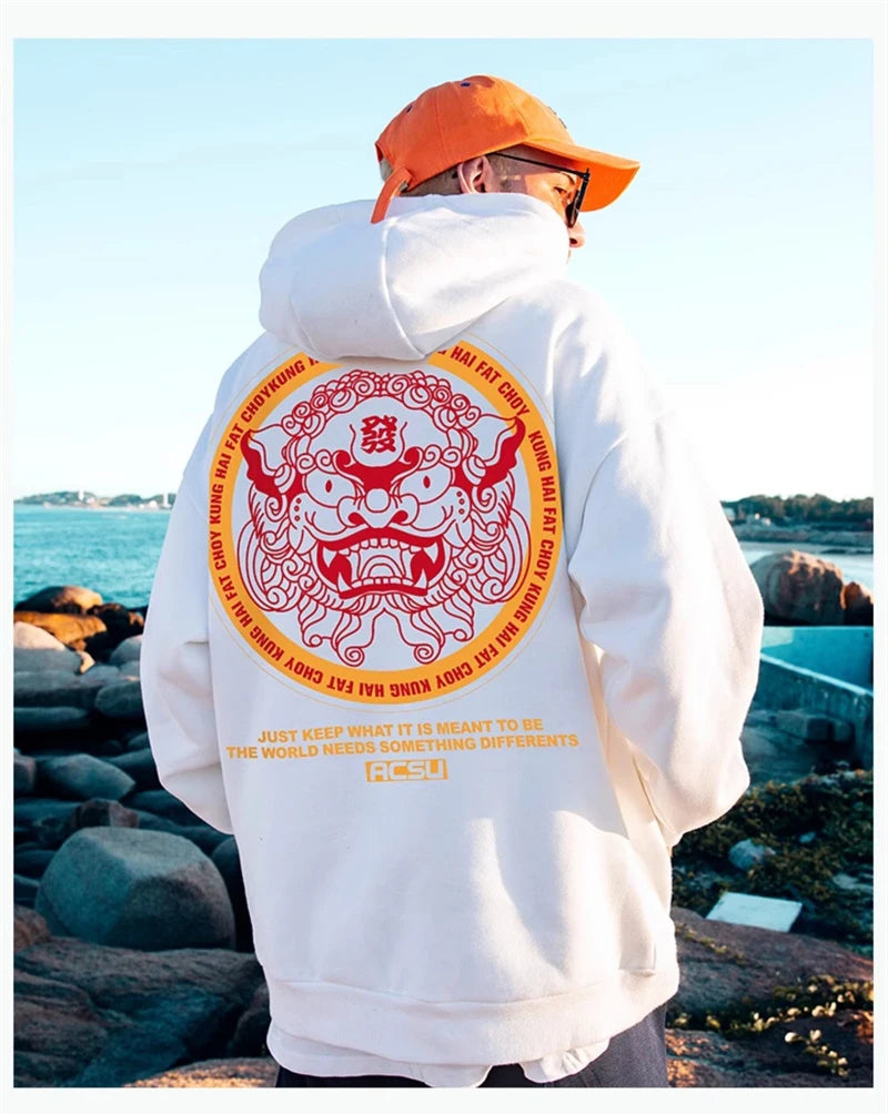 Autumn Dancing Lion Print Hooded Sweatshirts Hombre Hip Hop Fleece Streetwear Hoodies New Oversized Y2K Vintage Fashion Hoody Street King Limited