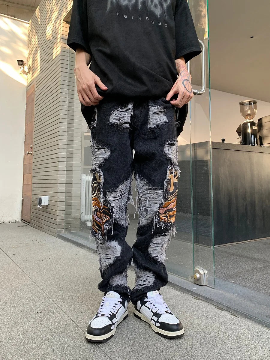 fashion embroidery destroyed ripped tassel holes denim jean pants mens casual loose straight jeans hip hop streetwear joggers unique joggers style 3330